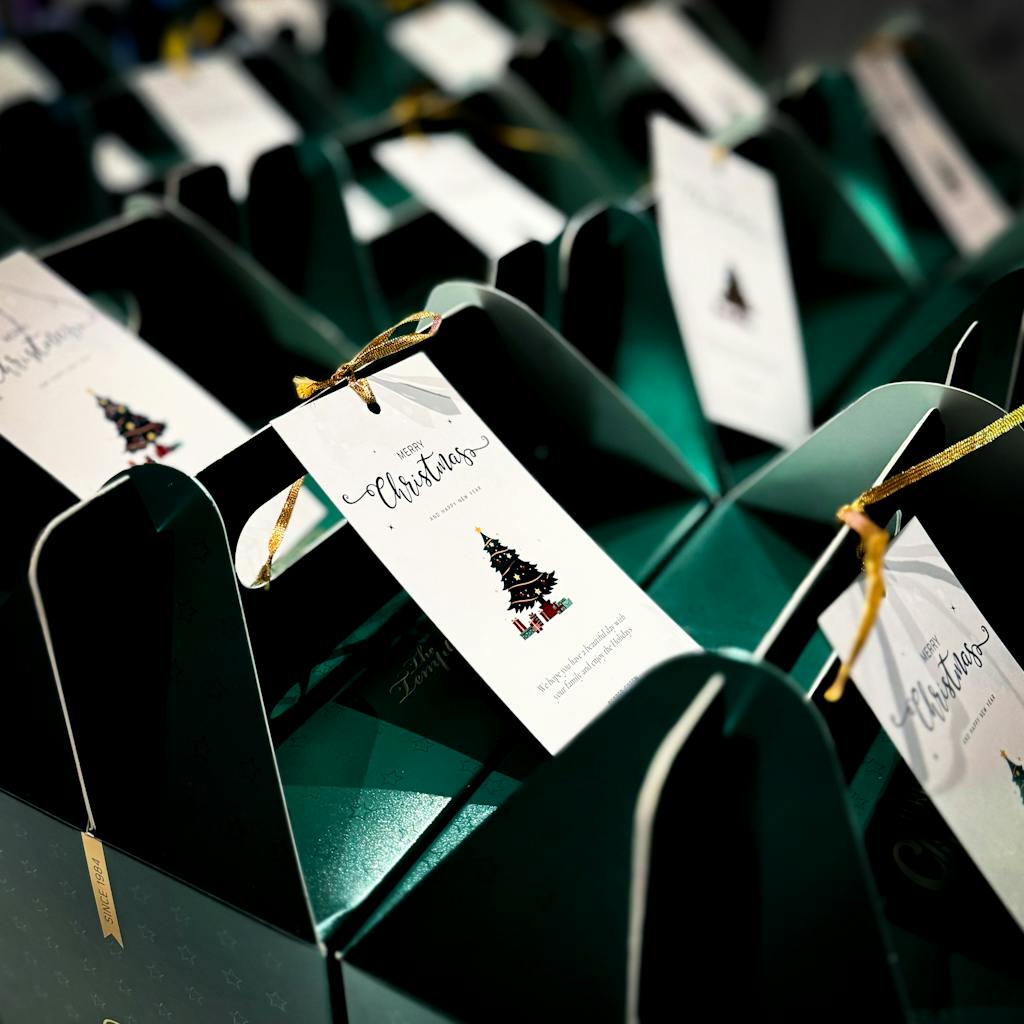 Close-up of green Christmas gift boxes with holiday tags, perfect for seasonal celebrations.