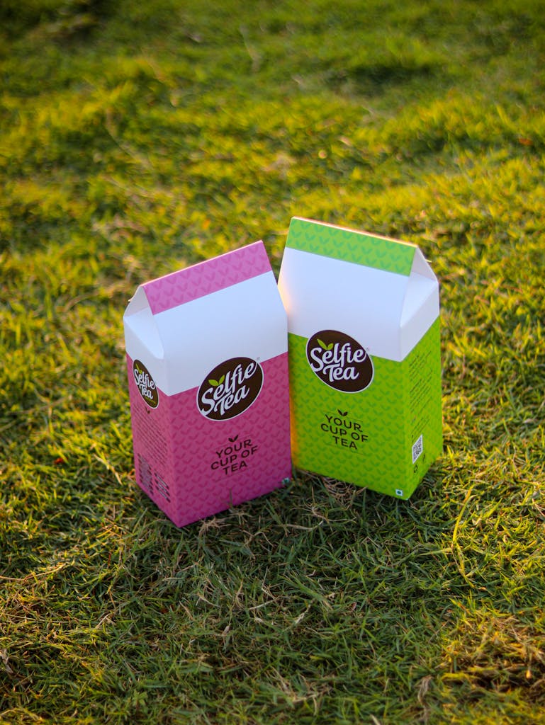 Colorful tea packaging boxes outdoors on grass, ideal for product photography.