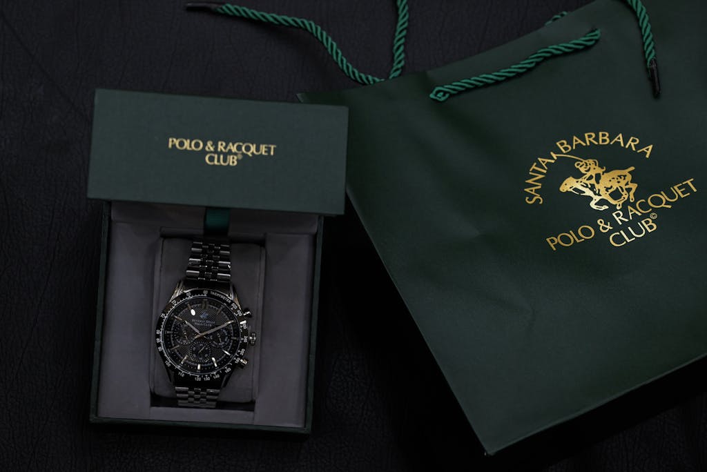 Elegant watch in box with Santa Barbara Polo & Racquet Club packaging.