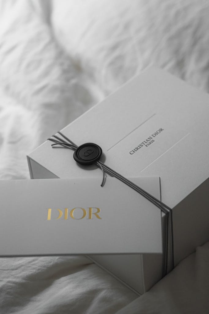 Sophisticated Dior packaging in luxurious Paris setting, perfect for fashion enthusiasts.